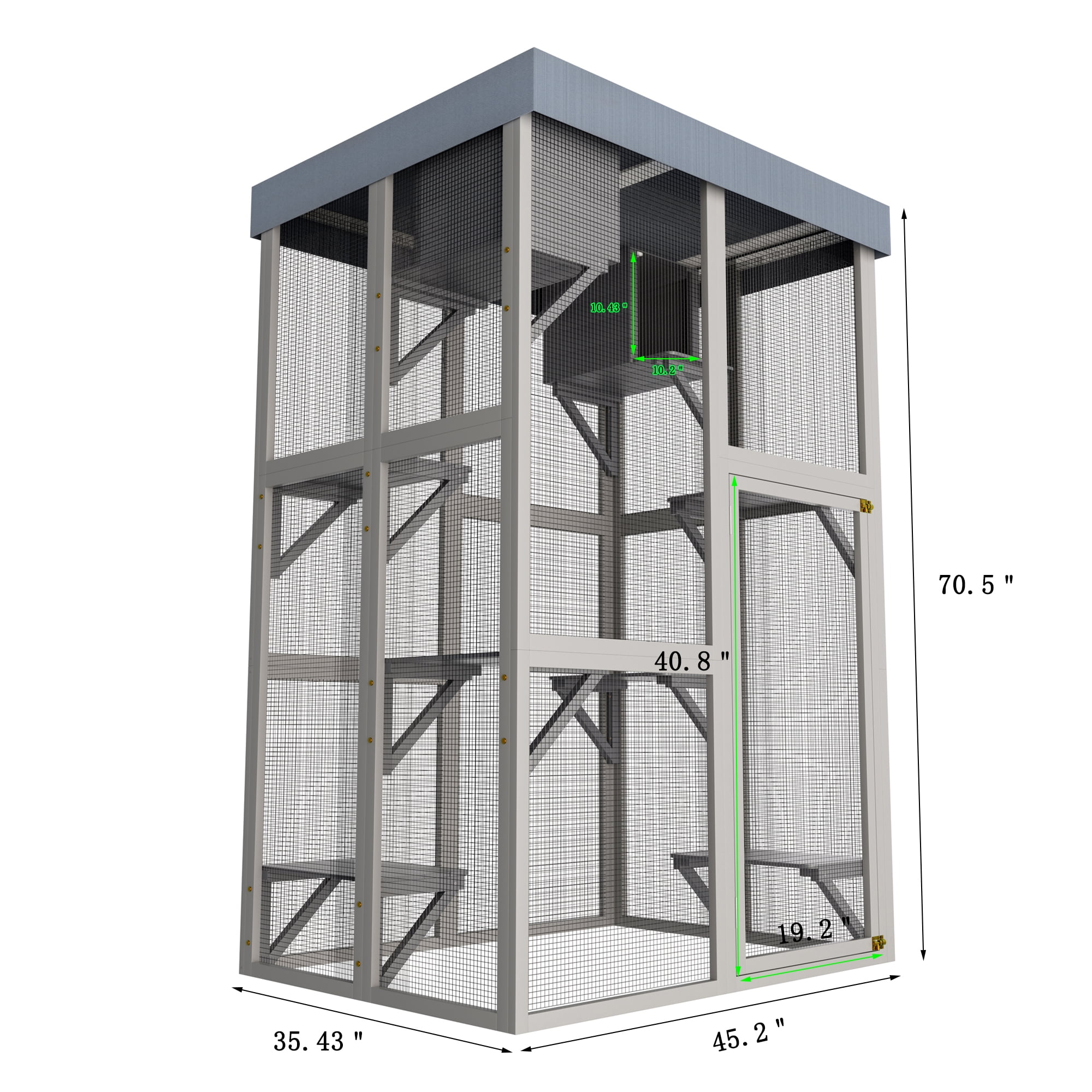 Outdoor Cat Enclosure, Catio with Platforms and Napping Houses, Waterproof Tarp Cover and Secure Locking Mechanism, Rounded Corner Design for Safety, Solid Wood Cat Cage for Outdoor, Gray