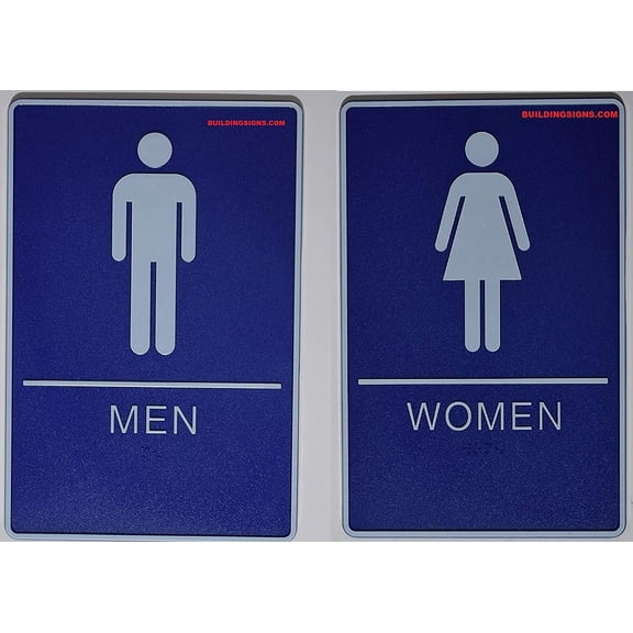 Men & Women Restroom Sign with Tactile Graphic (Blue,6x9 Comes with Double Sided Tape)- The deep Blue line