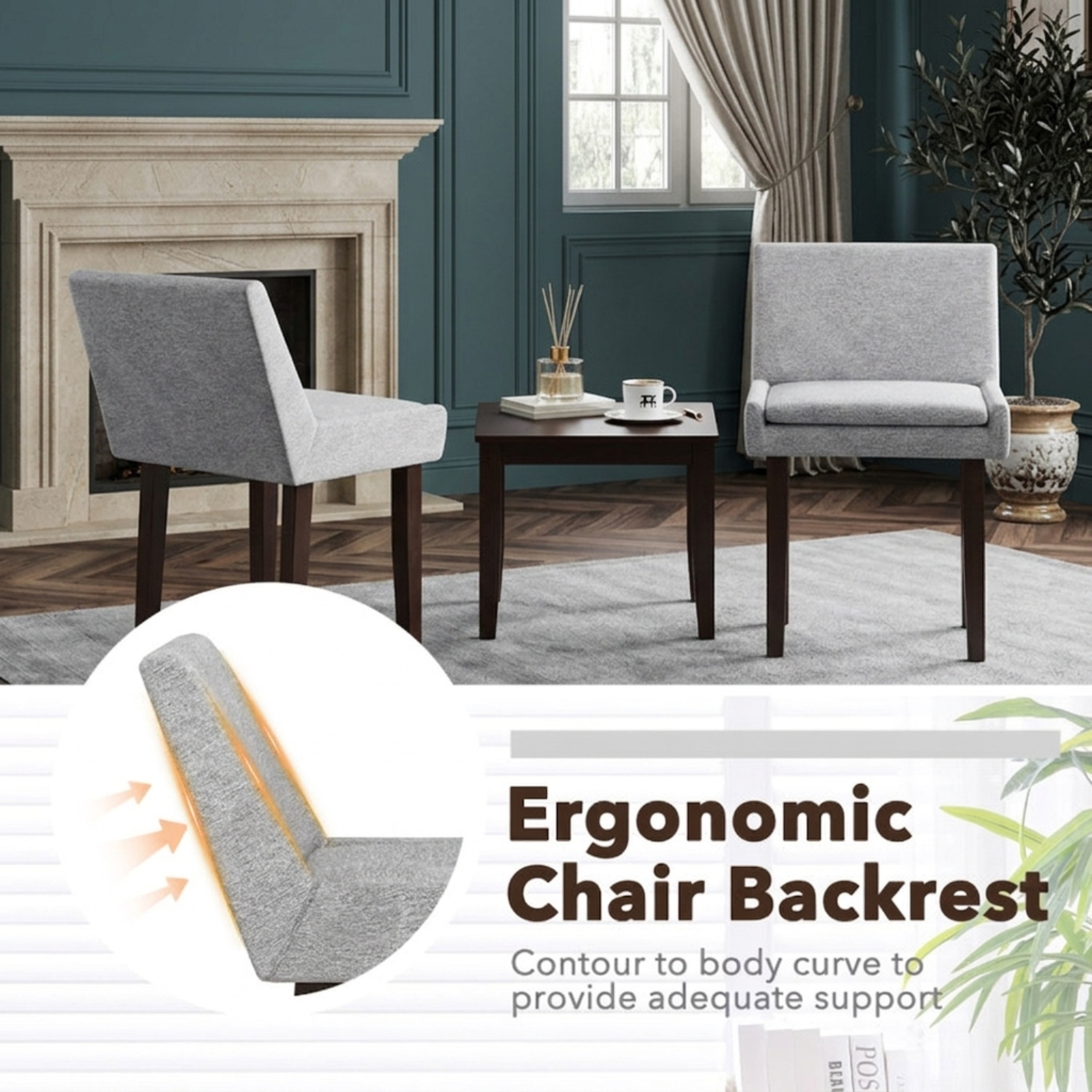 Furnibear Modern Upholstered Fabric Side Leisure Chair Set of 2 for Kitchen Dining Room Living Room Home, Gray
