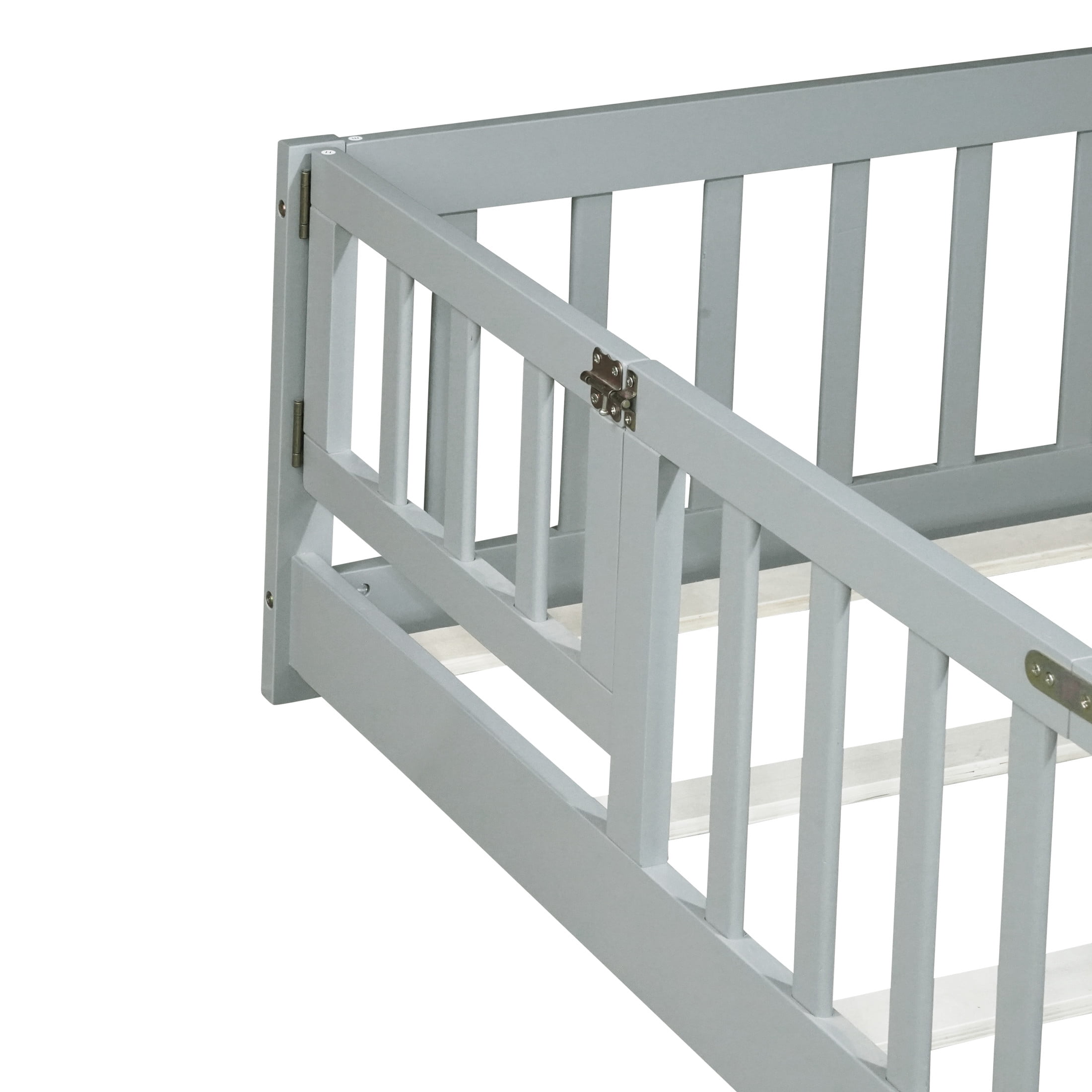 Noble House Twin Floor Bed with Safety Guardrails and Door, Rubber Wood Montessori Bed, Kid's Room, Gray