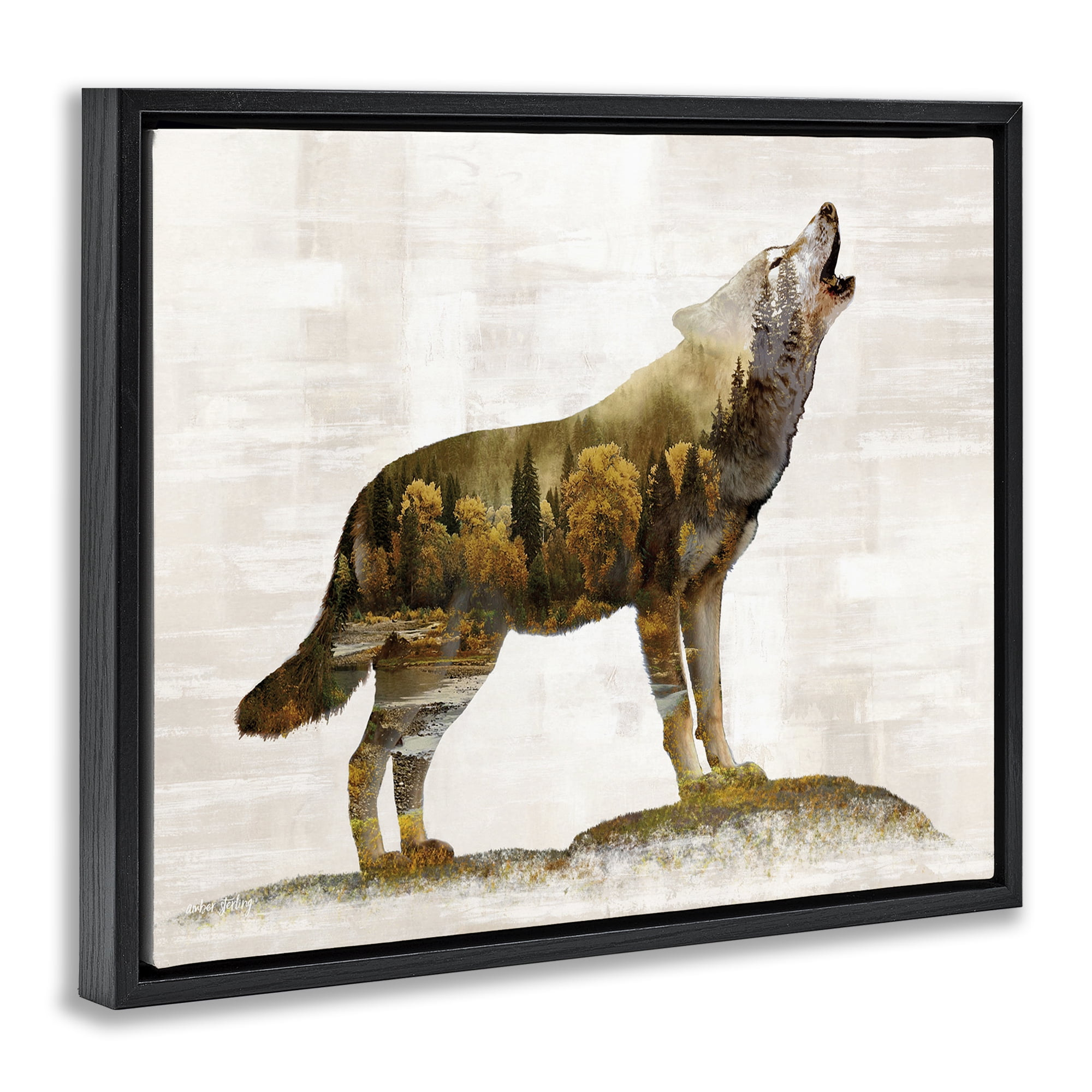 Stupell Industries Forest Pattern Wolf Animals & Insects Painting Black Floater Framed Art Print Wall Art, 21 x 17