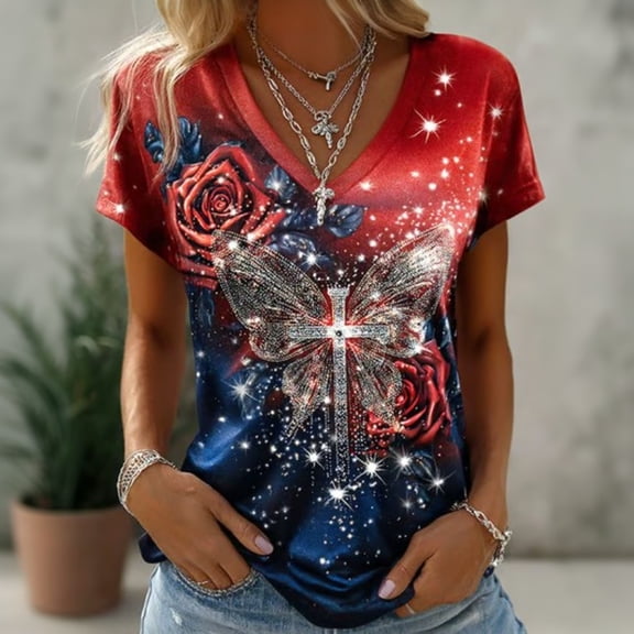 Trendfront Womens Glitter Butterfly Cross Tee 4th of July 250th Anniversary USA Patriotic Style T-Shirt V-Neck Short Sleeve Casual Tops for Women