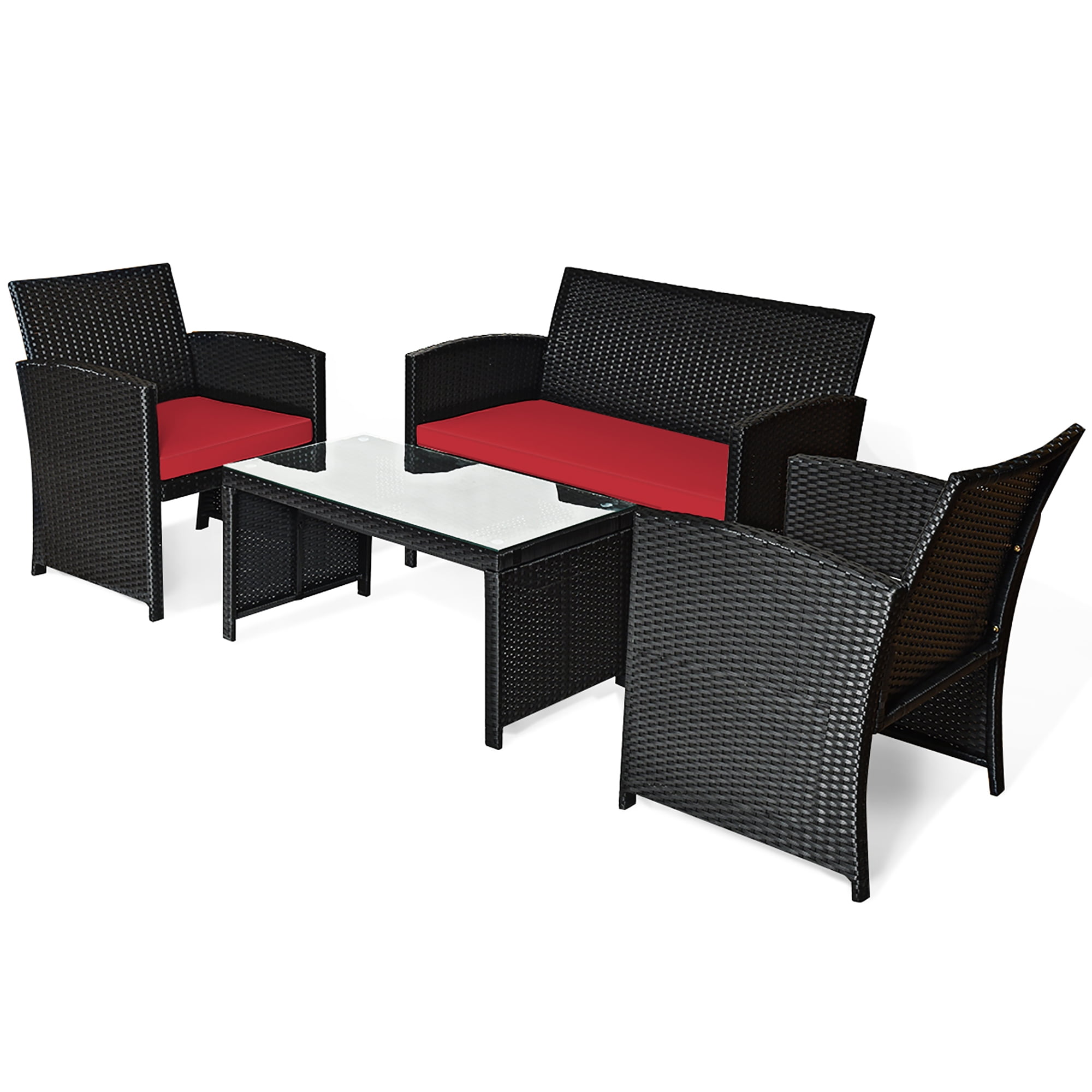 Costway 8PCS Patio Rattan Furniture Conversation Set Cushion Sofa Table Garden Red