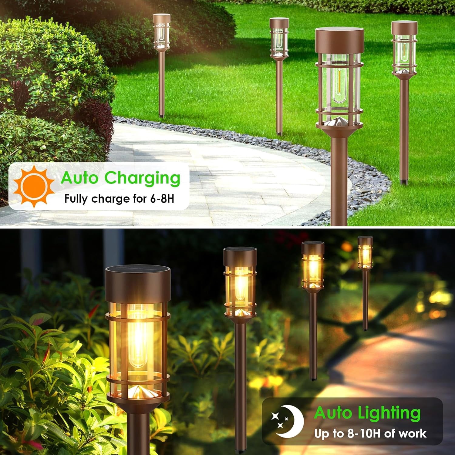 nunhole Solar Pathway Lights, 8 Pack LED Solar Lights Outdoor Waterproof, Glass Metal Garden Lighting for Yard Path Landscape Lawn Walkway Driveway, 3000K