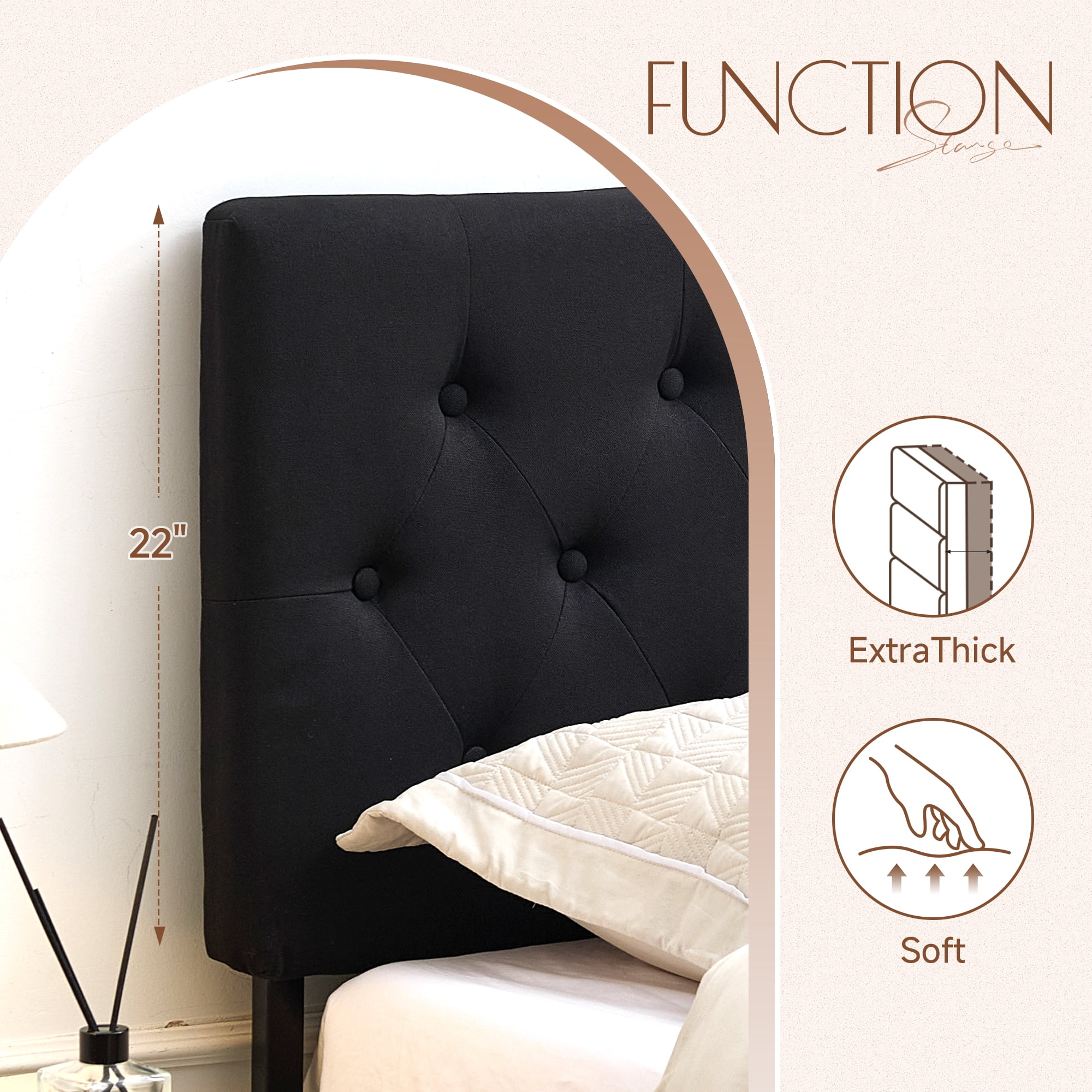 JONPONY Tufted Upholstered Headboard Queen Size, Solid Wood Head Board with Durable Metal Legs, Adjustable Height Head Board, Black