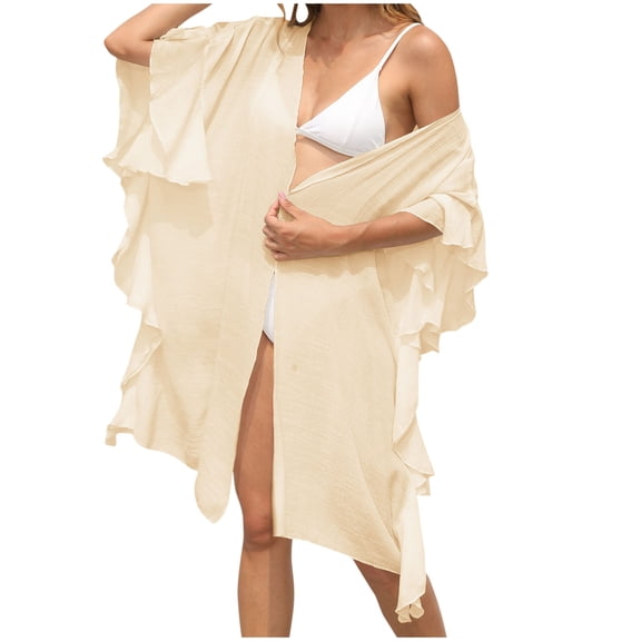 Wo-Fusoul Bathing Suits Women Women's Beach Cover-Up - Solid Color Ruffled Trim Loose Fit Kaftan, Lightweight for Pool & Vacation Bathing Suit for Women