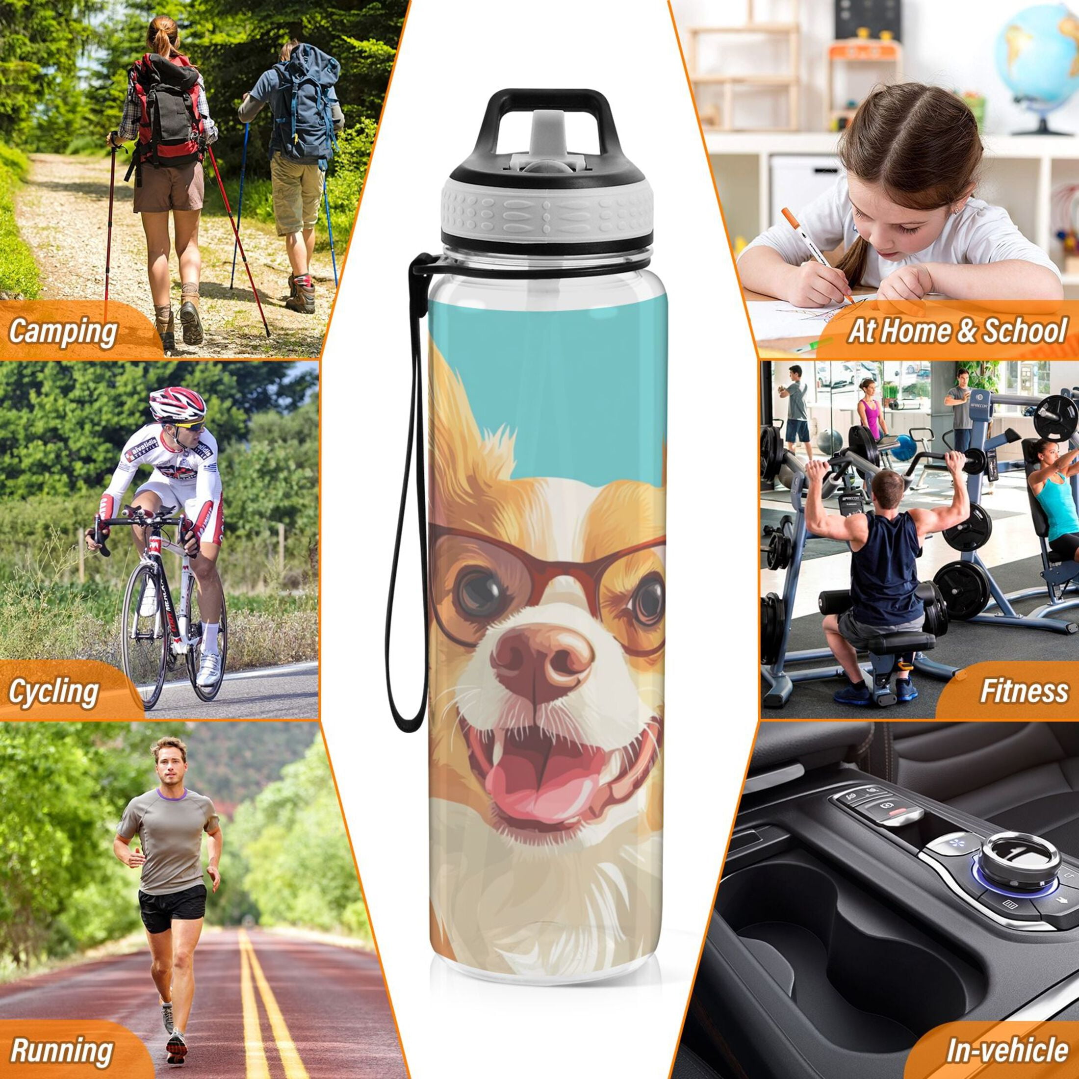 Sports Water Bottle 1000ML Tritan Food Grade Clear Water Bottle Fitness Outdoor Sports Bike Dog with Glasses