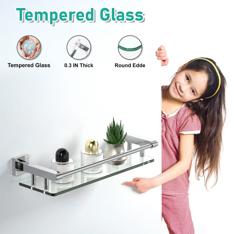 Glass Shelves for Wall, Chrome Stainless Steel & Tempered Glass Glass Shelf for Bathroom, Shelf Sink Over Toilet Bathroom Organizer (16-inch, Polished)
