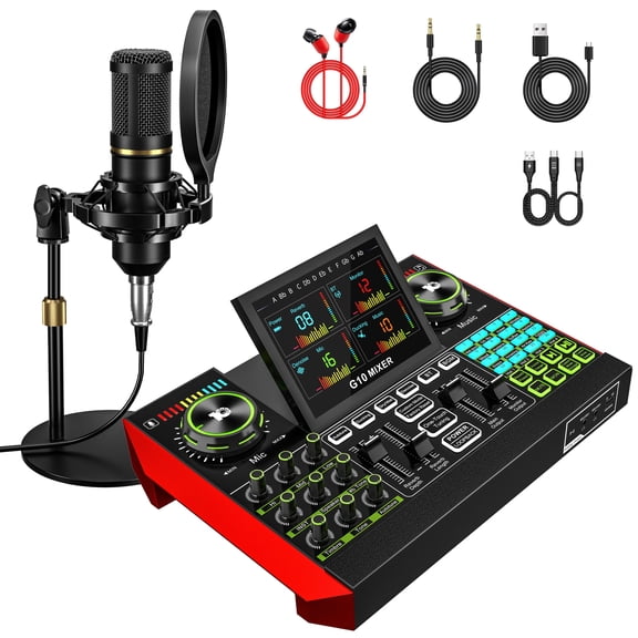 Tenlamp G10 Bluetooth DJ Mixer Podcast Kit with Condenser Microphone and Metal Stand for Recording and Live Broadcasting