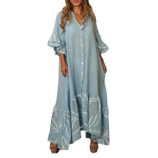 Vestido Largo Básico Impresión de vestido largo básico de gran tamaño para mujer elegante ropa diaria (azul XL) Cgtredaw Para estrenar