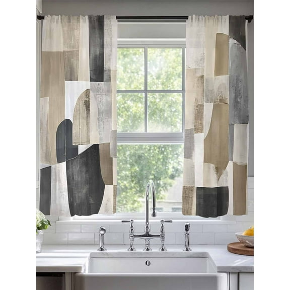 Brown Black Geometric Sheer Curtains for Living Room Bedroom Abstract Art Color Block Painting Sheer Curtains 63 Inch Long 2 Panels Set Light Filtering Curtain Window Treatments Drapes