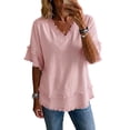 thumbnail image 2 of Womens Linen T Shirts V Neck Summer Loose Short Sleeve Casual Tees Solid Color Breathable Hippie Beach Vacation Tops, 3XL, 2 of 4