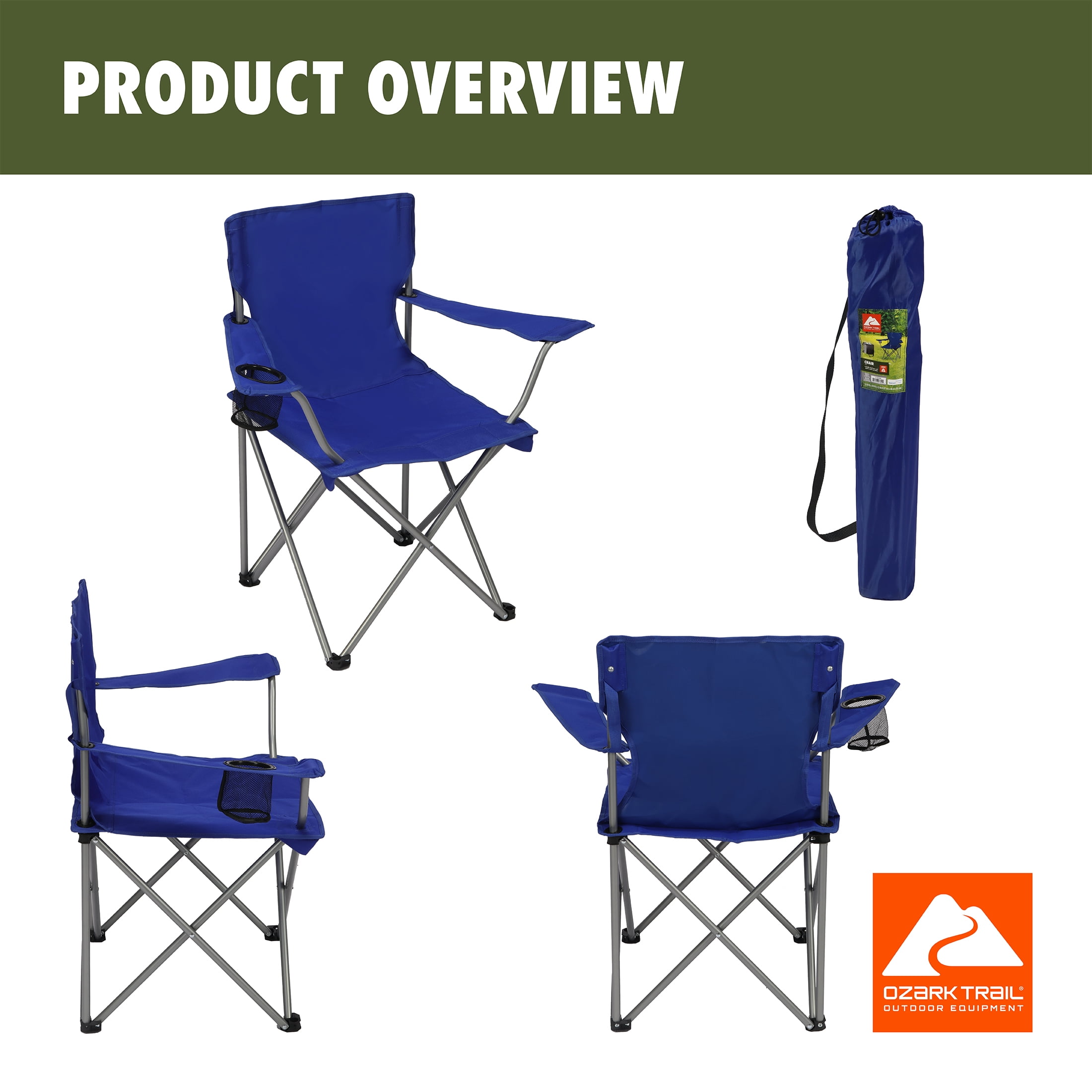Ozark Trail Quad Folding Camp Chair with Cup Holder, Royal Blue