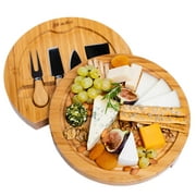 Bamboo Cheese Board and Knife Set - 10 inch Swiveling Charcuterie Board With Slide-Out Drawer, Round Serving Platter Tray, Wood Cheese Board Set - Birthday Anniversary Housewarming Gift Idea