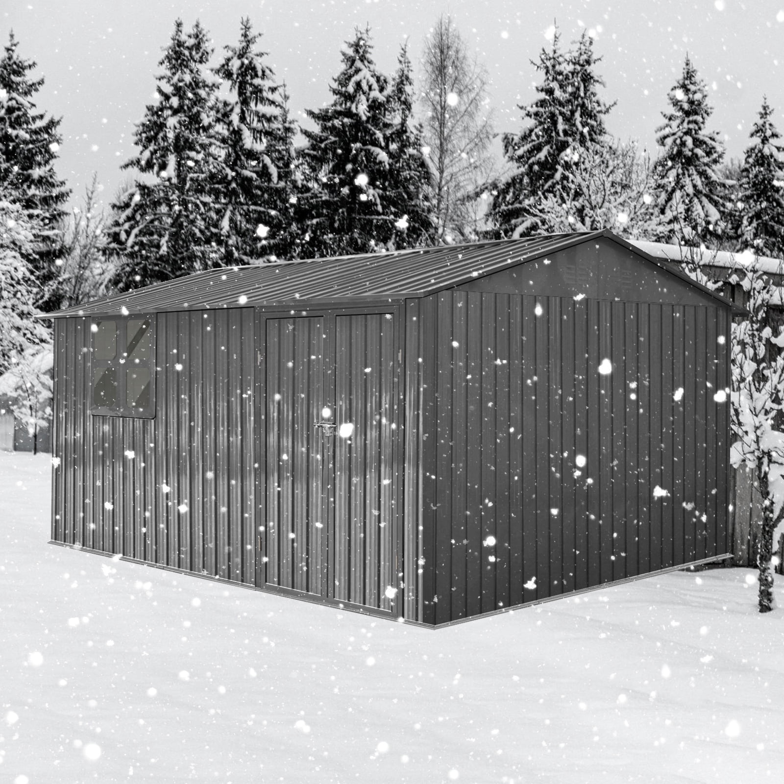 Mintazer 12×10 Ft All-Weather Metal Outdoor Storage Shed with Goods Shelves, Large Garden Tool Storage Building with Window for Backyard Lawn Patio, Gray