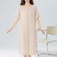 thumbnail image 4 of CFLVAEK Cotton Robes for Women Casual Short Sleeve Snap Front House Coat Loose Fit Crewneck Sleepwear Solid Color Knee Length Loungewear Beige L, 4 of 8