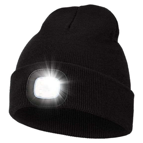 HOMEYA Winter Fleece Lined LED Beanie,USB Rechargeable Hand Free Warm Hat with Light Built in,Gifts for Men Women,Black