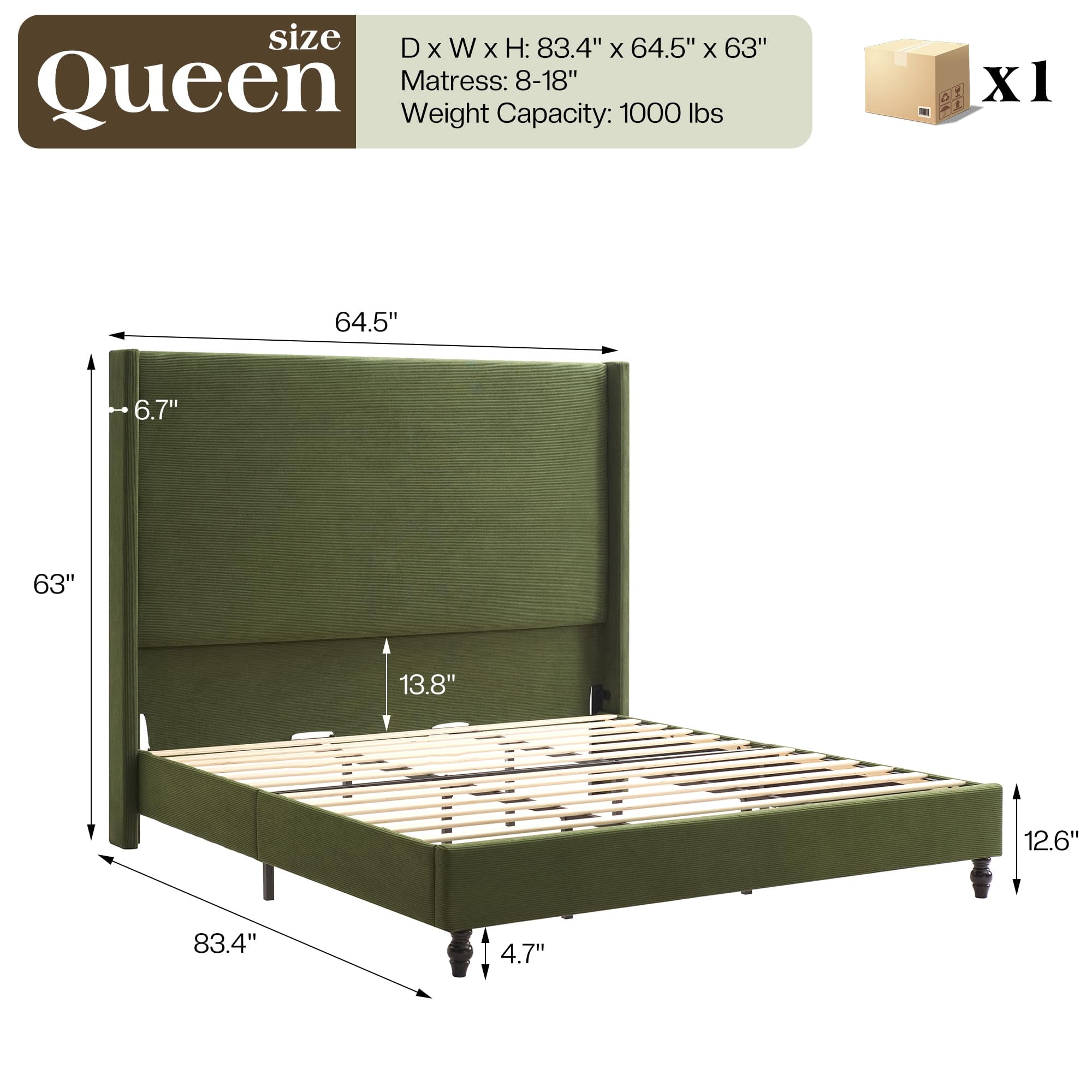 VanAcc Queen Bed Frame with 63" Tall Headboard, Horizontal Fine Corduroy Bed Frame with Upholstered Wingback, Vintage Solid Wood Gourd Legs, Green