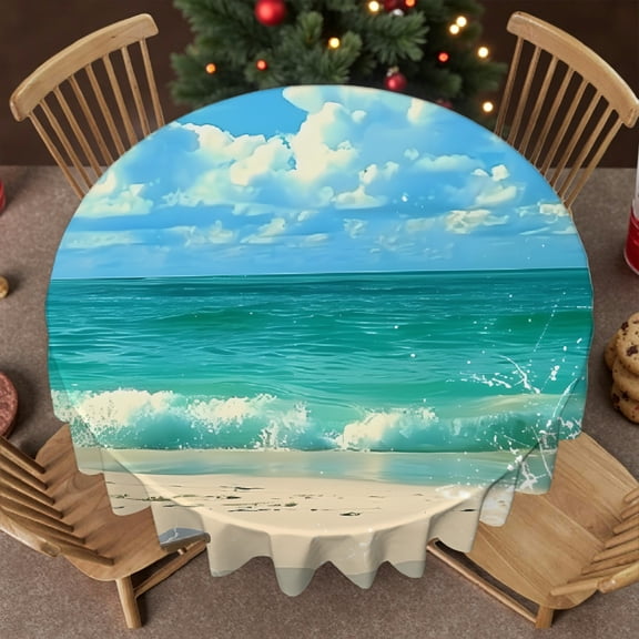 RKSupls 60 Inch Window View Ocean Beach  Round Tablecloth, Festive Table Setting - Polyester Tablecloths  Polyester Table Cover , Wedding, Party, Holiday, Home Dining