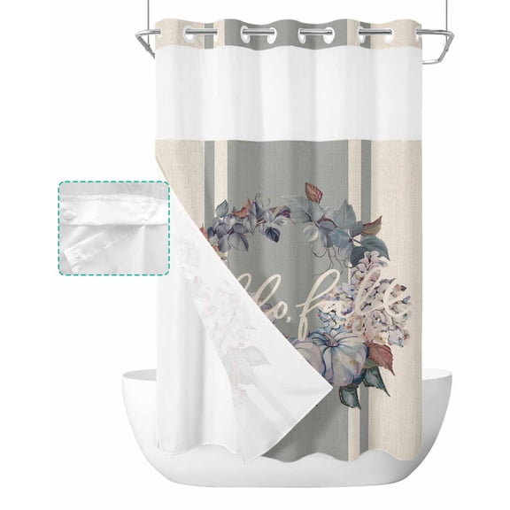 No Hook Shower Curtain with Snap in Liner, Fall Thanksgiving Pumpkin Leaves Wreath Grey Striped Linen Shower Curtains for Bathroom, Washable Shower Curtain Liner Set with Mesh Top Window, 54"x78"