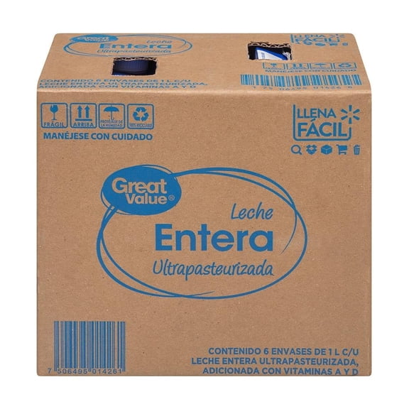 Leche Great Value entera caja con 6 pzas de 1 l c/u