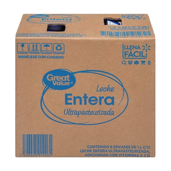 Leche Great Value entera caja con 6 pzas de 1 l c/u