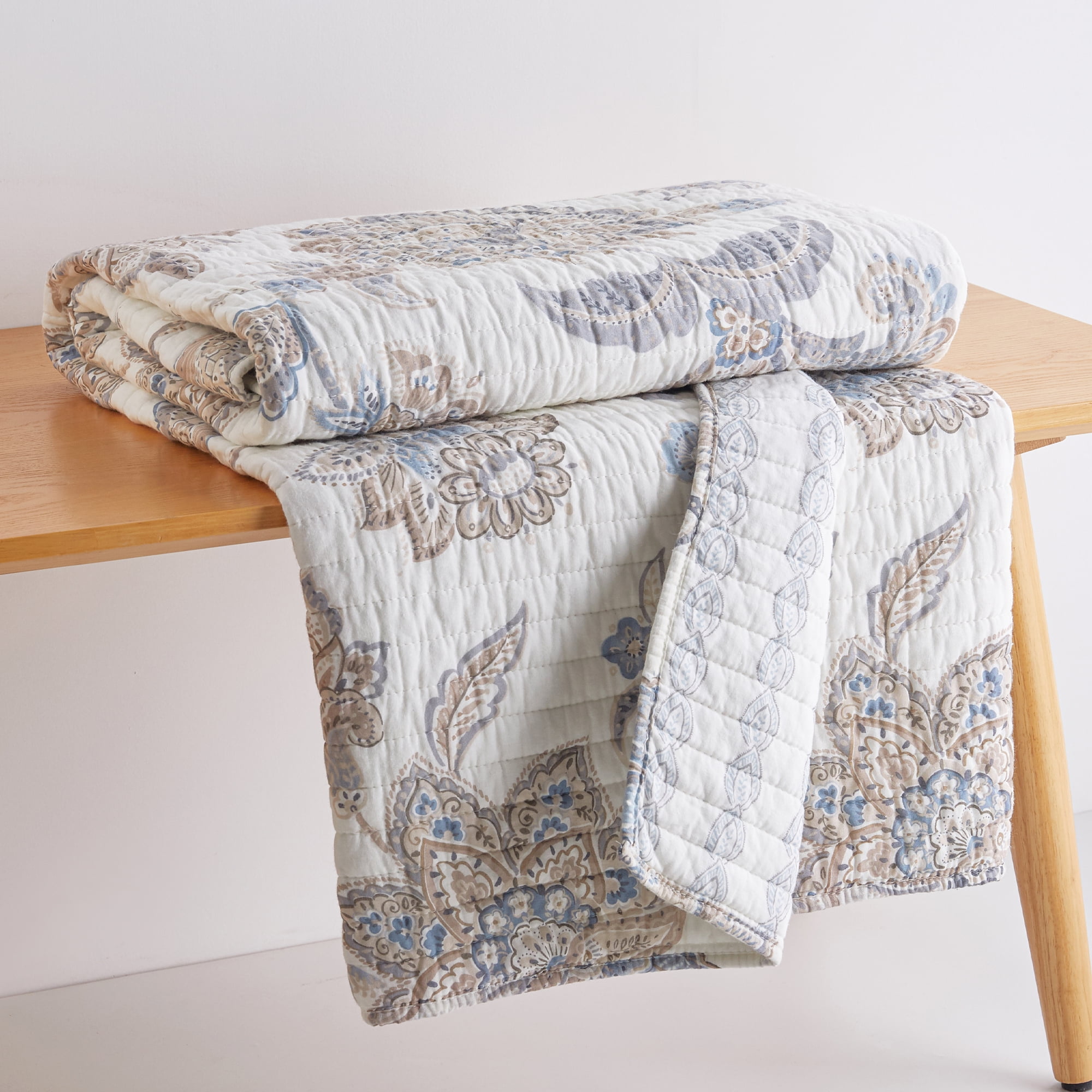 Levtex Home - Selesta Blue - Throw - Floral - Blue Taupe Grey - Quilt (50x60in.) and Sham 50x60in. - Cotton