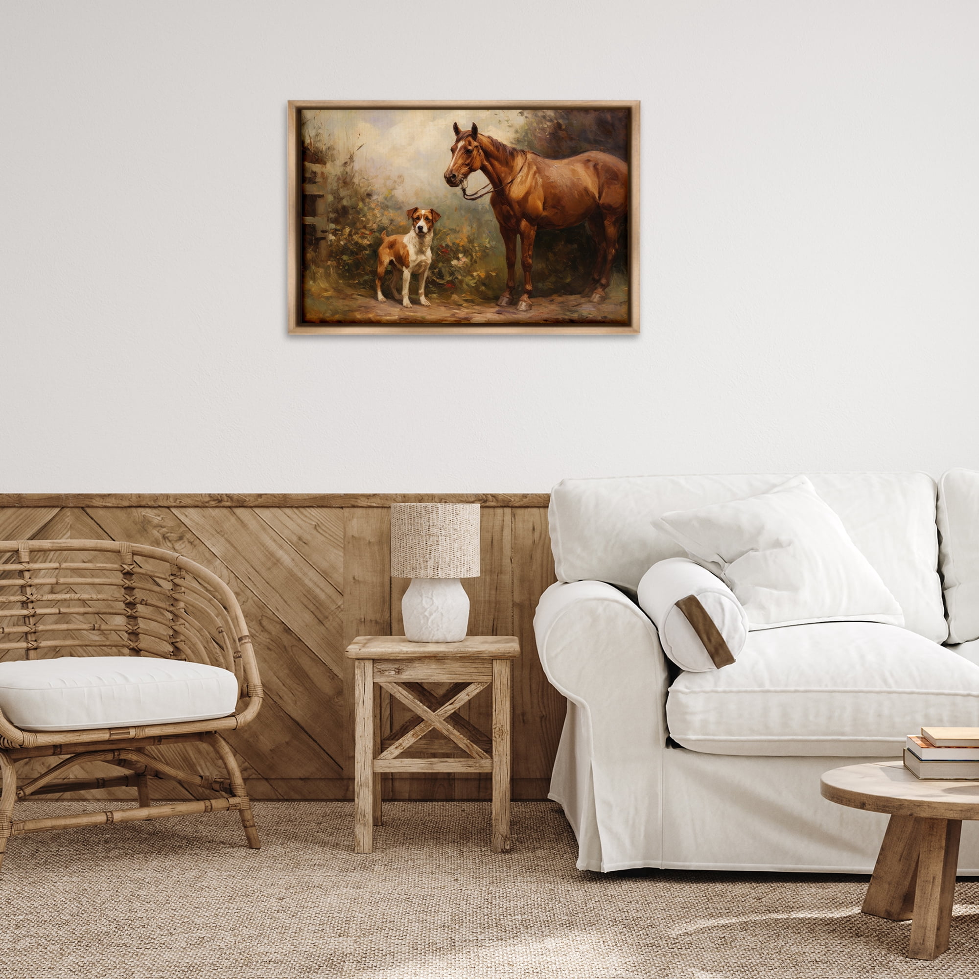 Stupell Industries Horse & Dog in Nature Landscape Painting Brown Floater Framed Canvas Art Print Wall Art, 31 x 21