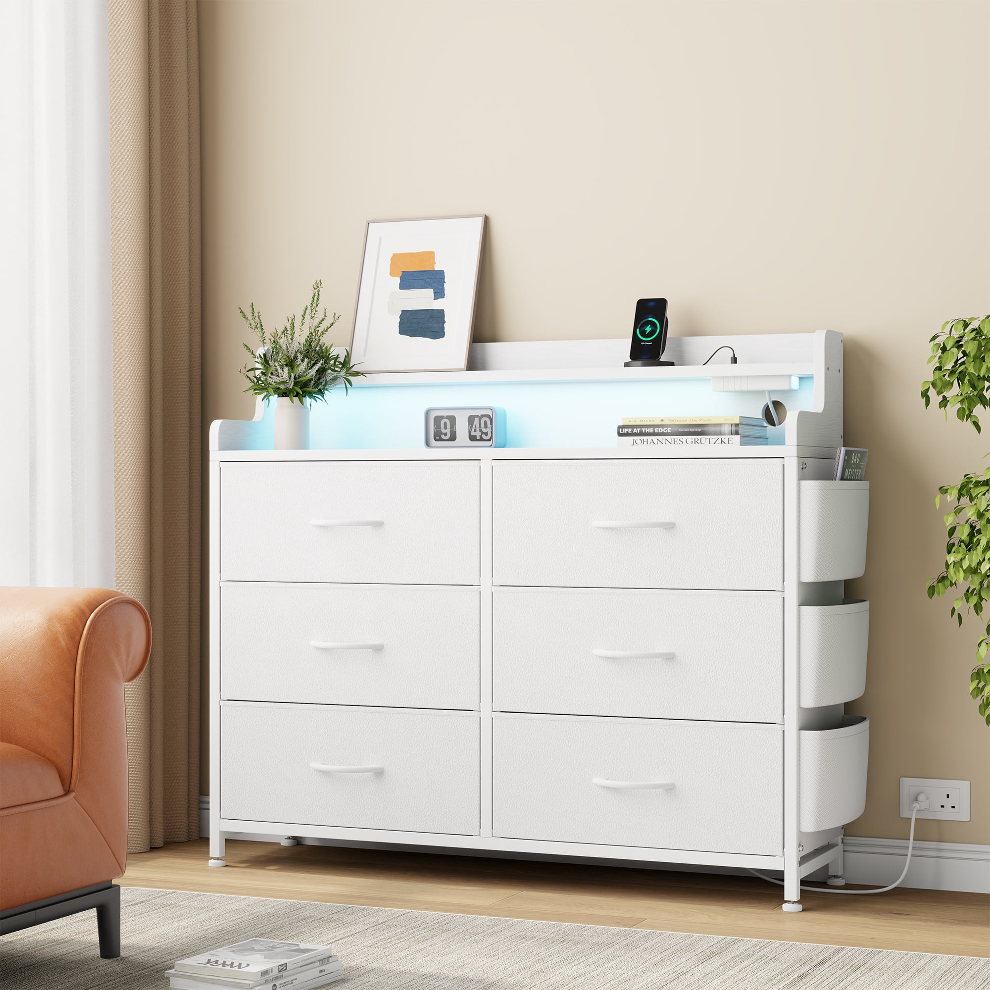 GIKPAL White Dresser for Bedroom 6 Drawers - Fabric Dressers for Bedroom with LED Light & Charging Station - Chest of Drawers for Living Room Hallway Closet,White