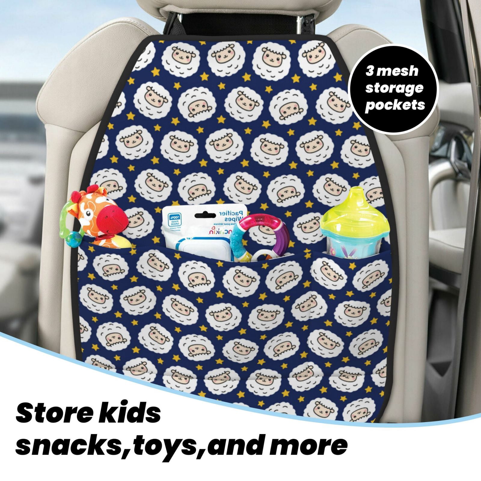 Xecao Cute Sheep With Star Pattern Car Seat Back Protector 2 Pack Large Capacity Pocket, Kick Mats Back Seat Protector