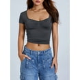 thumbnail image 5 of Women T-shirt, Low-cut Short Sleeve Pleated Solid Slim Fit Summer Tops for Casual Daily, 5 of 10