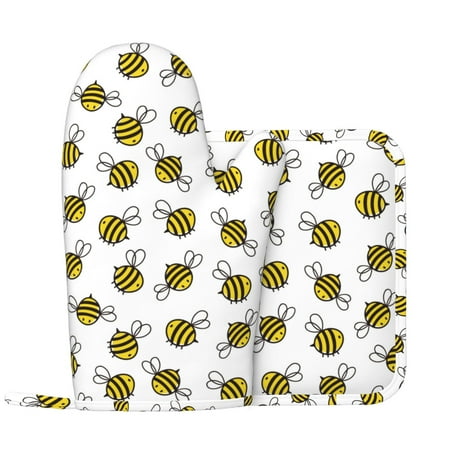 

Oven Mitts and Pot Holders Sets Cute little bee Non-Slip Silicone Oven Gloves Potholders Cotton Lining Heat Resistant Gloves Hot Pads for Kitchen Cooking Baking