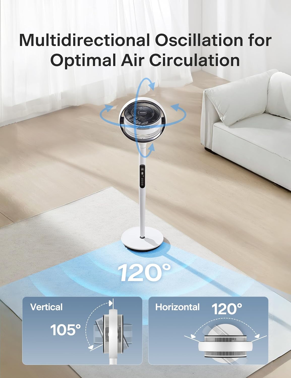 Pelonis Adjustable Pedestal Fan, 9 Speed, Oscillation, Quiet, Smart, Remote, 50-53.5", White