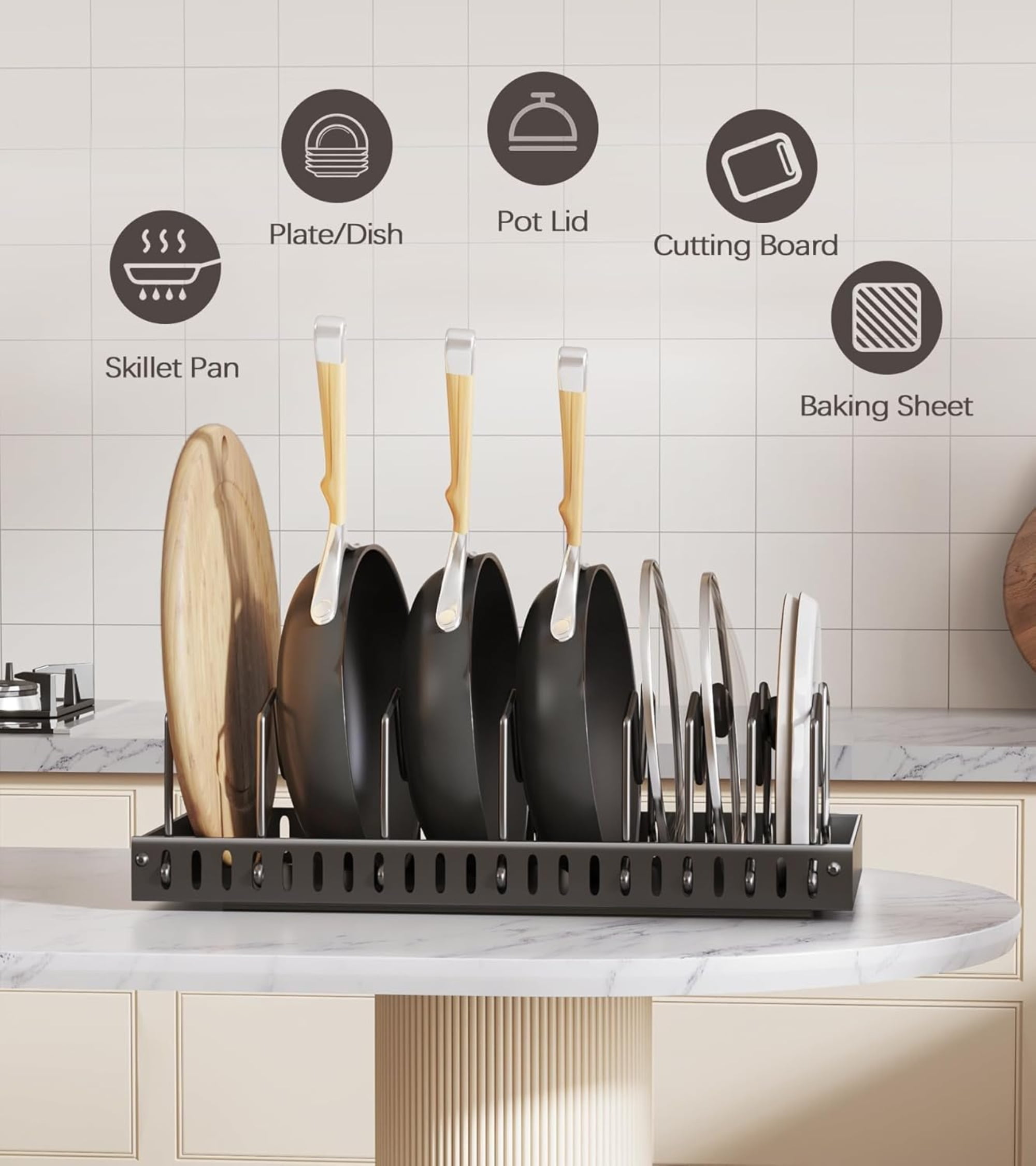 2-Pack Adjustable Pot Pan Organizer, No Drill Under Cabinet Sliding Divider for Kitchen Cookware Bakeware Storage