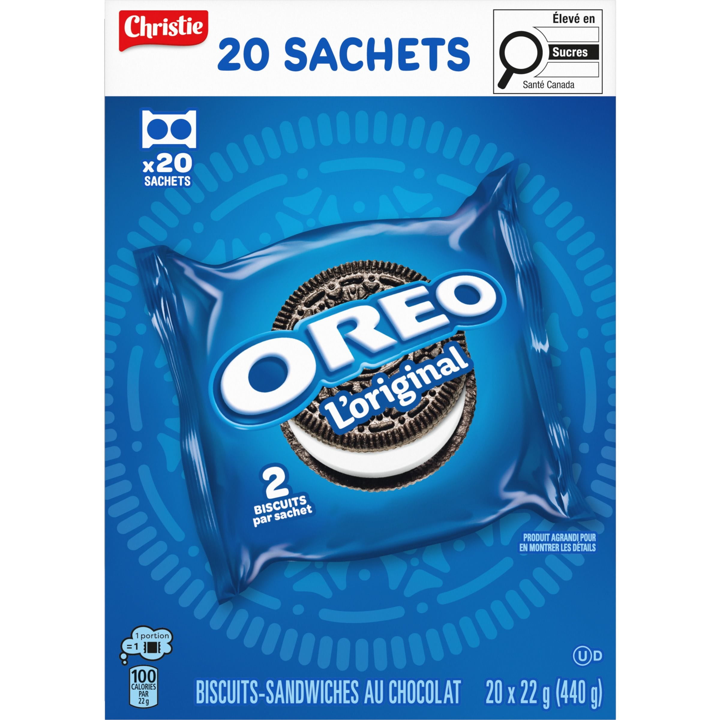 Biscuits-sandwiches au chocolat OREO L’original, 20 sachets Snak Paks (emballés individuellement), 40 biscuits, collations pour l’école, collations pour la boîte à lunch, fête d'anniversaire 440 g