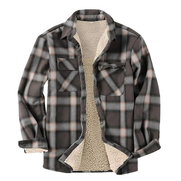 VEKDONE 2025 Clearance Mens Long Sleeve Berber Fleece Lined Button Down Camp Flannel Shirts Brushed Cotton Thermal Sherpa Plaid Jackets