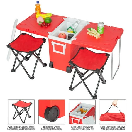 Table Coolers Ktaxon Multi Function Portable Rolling Cooler for Picnic Camping w/ Table & 2 Chairs Blue ()