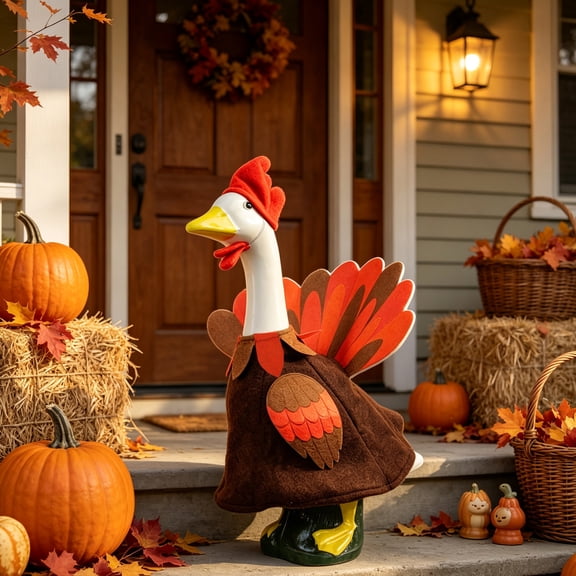 AZXY Thanksgiving Porch Goose Outfit, Festive Goose Costume Set for 23 Inch Cement Plastic Lawn Porch Goose Statue, Weather‑Resistant Goose Clothes, Fall Decor for Outdoor Porch Garden Decoration
