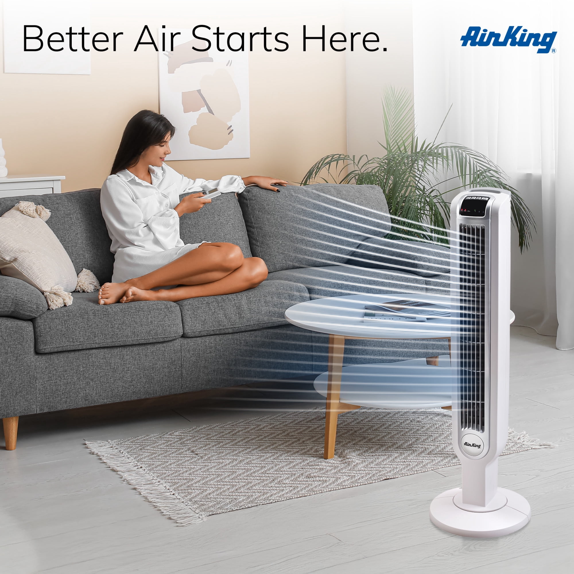 Air King 36" 3-Speed Oscillating Remote Control Tower Fan with Grounded 3-Prong Plug, White 9210