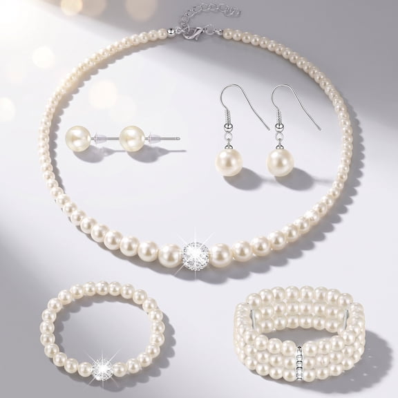 Pearl Rhinestone Jewelry Set for Women, 5Pcs Pearl Necklace, Bracelets and Earrings for Wedding, Birthday, Bridal Shower and Special Events