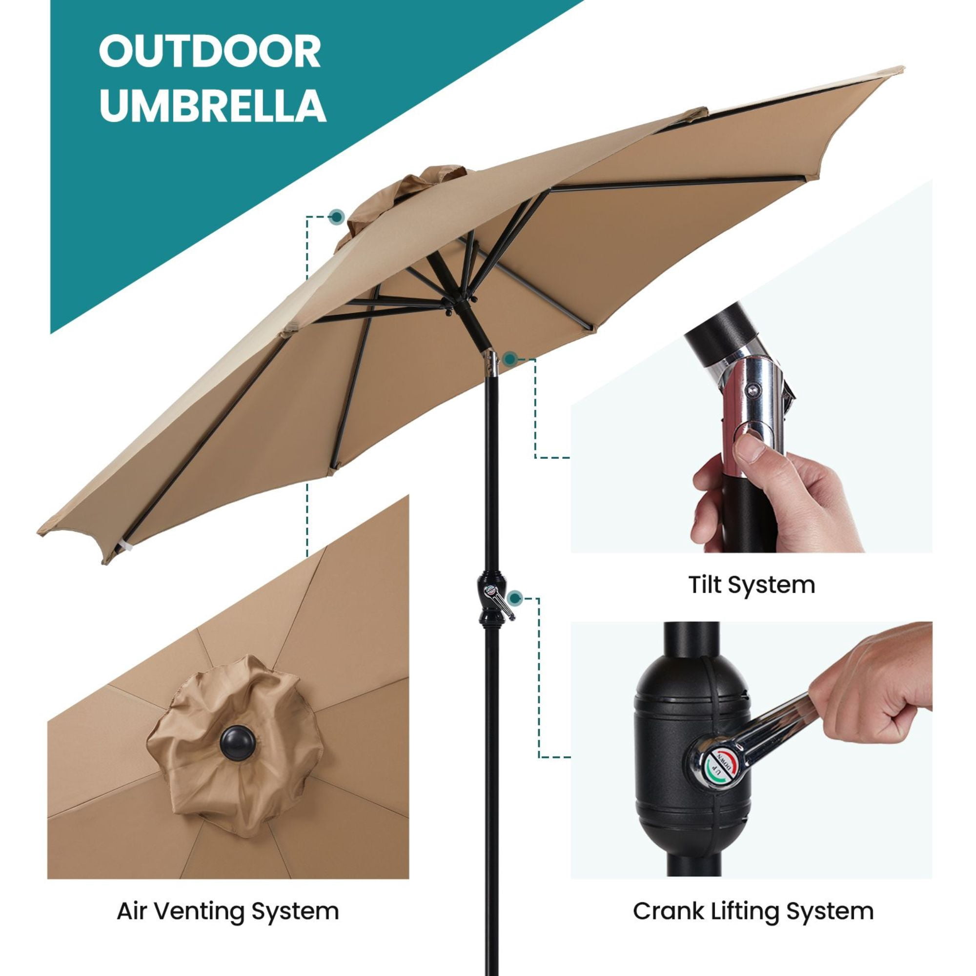 7.5ft Outdoor Patio Umbrella with Tilt Button & Hand Crank, 6-Rib UV-Resistant Waterproof Canopy - Brown