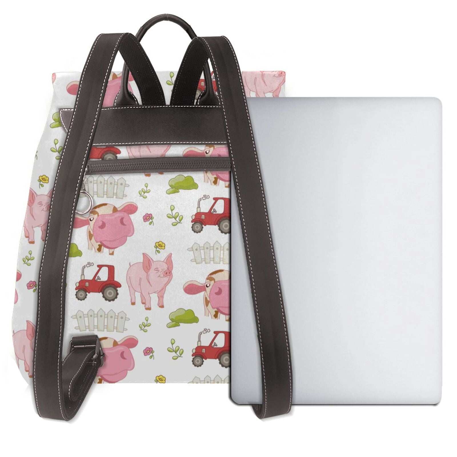 Xecao Cow And Pig Print Large Backpack Soft Leather for Women Travel with Compartment, Adjustable Convertible Strap