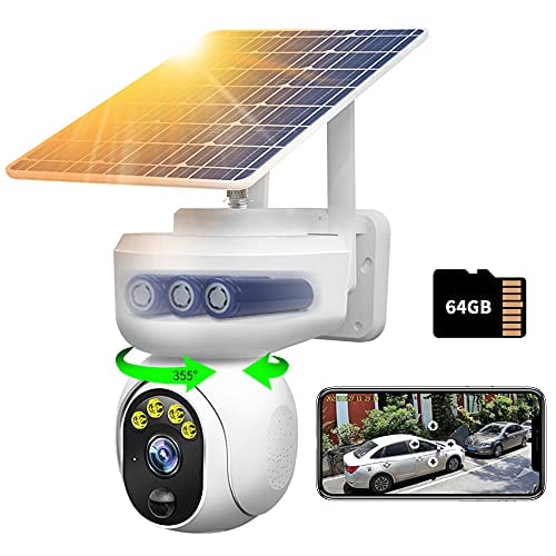 Siren，IP65 Weather Proof PT Zoom 64G SD Card Wireless Rechargeable Battery Home Security Camera Solar Security Outdoor 2-Way Audio Camera Wireless WiFi with Light Night Vision Motion Detection 