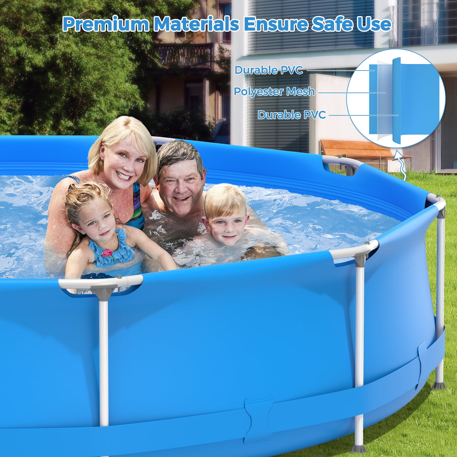 Infans Round Above Ground Swimming Pool Patio Frame Pool W/ Pool Cover Iron Frame Blue