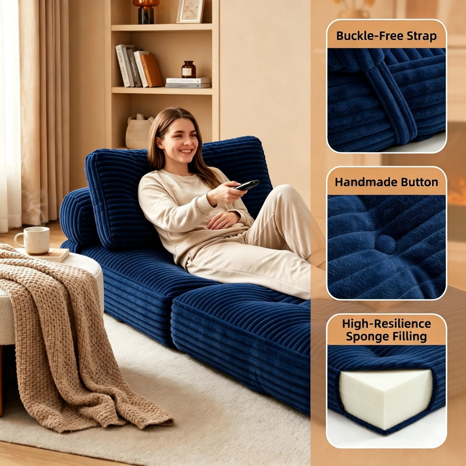 Folding Sofa Bed, Convertible Sleeper Chair with Pillow, Foldable Floor Couch Bed with Back Support, Portable Lounge for Living Room Bedroom, Navy