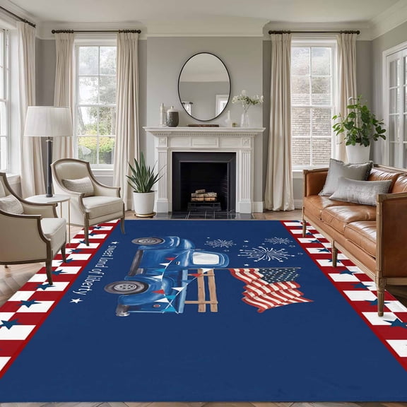 Large Area Rugs for Living Room Bedroom, Independence Day 6'x9' Rug Washable Carpet Runner Indoor Outdoor, Blue Truck Star Usa Flag Red White Plaid Non Slip Floor Mats Rug for Kitchen, Playroom