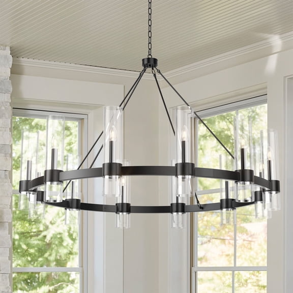 12-Light Black Wagon Wheel Chandelier,45" Round Farmhouse Chandeliers with Glass Shade, Industrial High Ceilings Pendant Lighting Fixture Dining Room Living Room Foyer