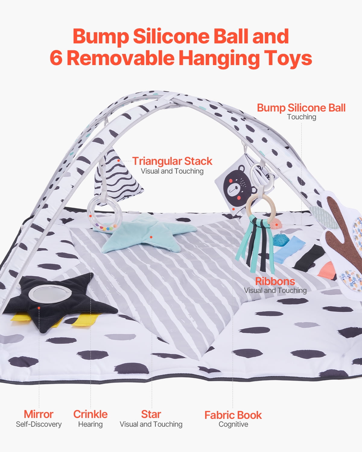 VEVOR Baby Play Gym Mat,Tummy Time Mat with 6 Sensory Toys, Baby Activity Mat with 2 Touch Balls & Soft Fabric for Sensory & Motor Skill Development, Baby Essential Gift for 0-18 Month Newborn Infant