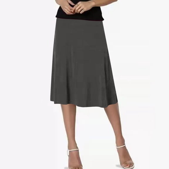 Karight Womens High Waisted Midi Skirt Flared A Line Silhouette Soft Stretchy Fabric Casual Versatile Solid Color Midi Length Skirt