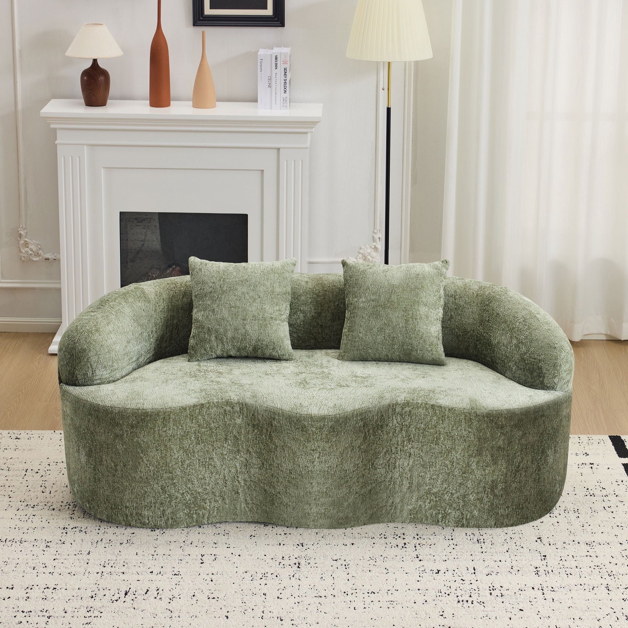 Green Curved Loveseat Sofa with Round Armrest, Teddy Velvet Fabric Compression Couch with 2 Pillows, Cream Couch for Small Space, Living Room, Bedroom, No Assembly